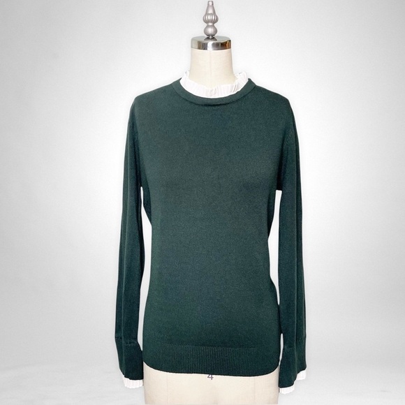 Vila Milano Layered Look Wool Sweater w Pleated Blouse Dark Green White Large - Picture 1 of 11